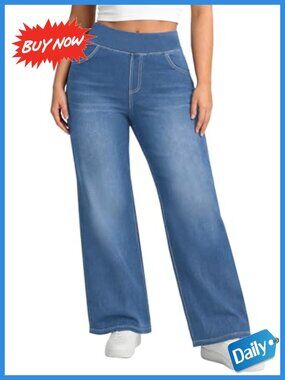 Plus Size Wide Leg Pull On Jeans High Rise Stretchy Denim Sweatpant